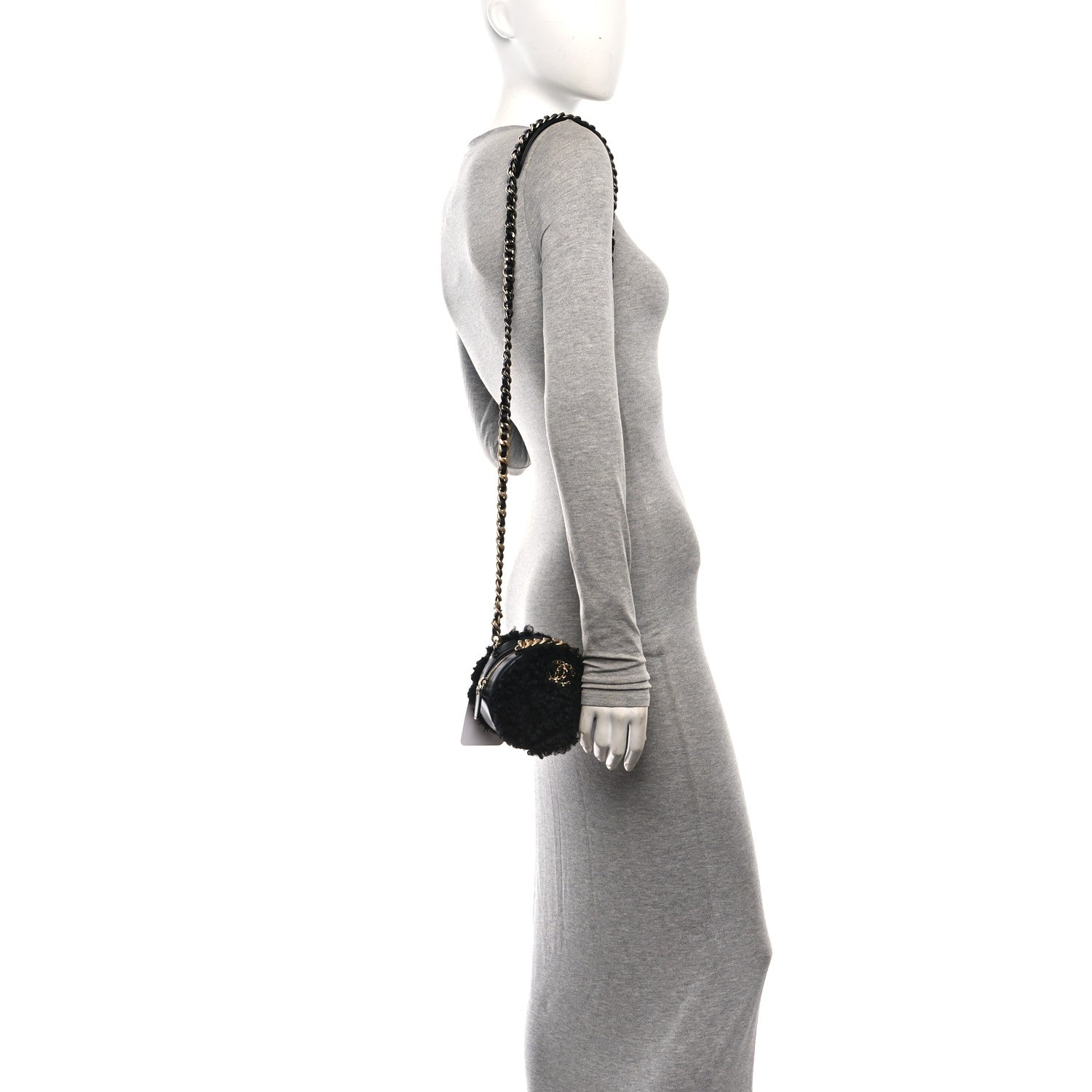 Chanel Shearling Sheepskin Chanel 19 Round Clutch With Chain Black 2 of 10