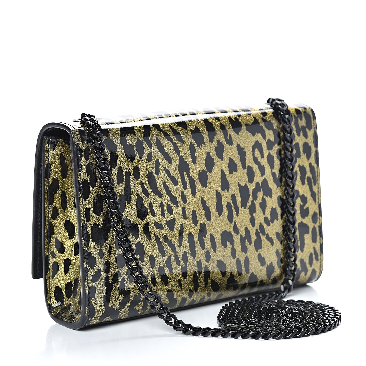 Patent Glitter Leopard Small Classic Monogram Kate Chain Wallet Black Gold