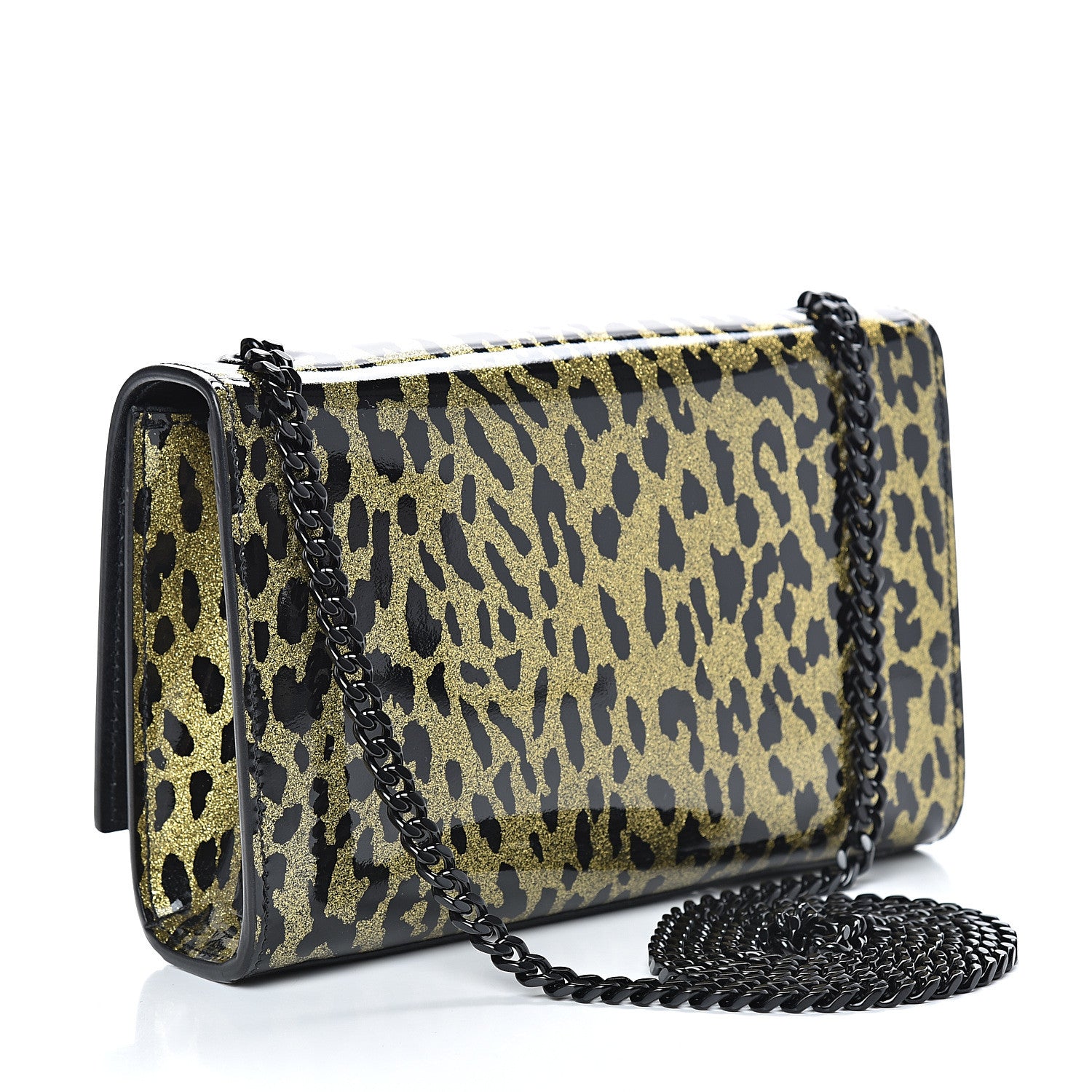 Saint Laurent Patent Glitter Leopard Small Classic Monogram Kate Chain Wallet Black Gold 2 of 9