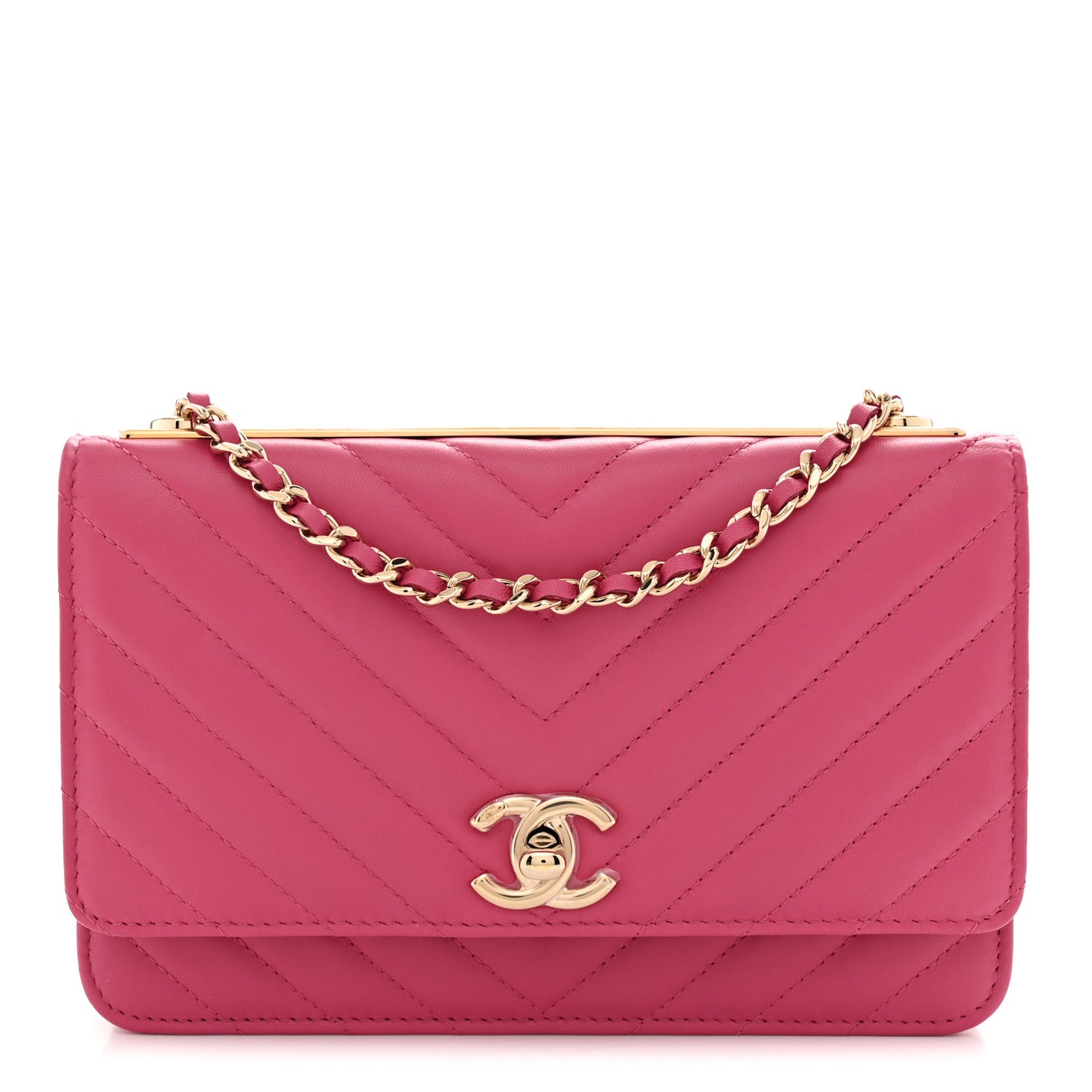 Lambskin Chevron Quilted Trendy CC Wallet On Chain WOC Pink