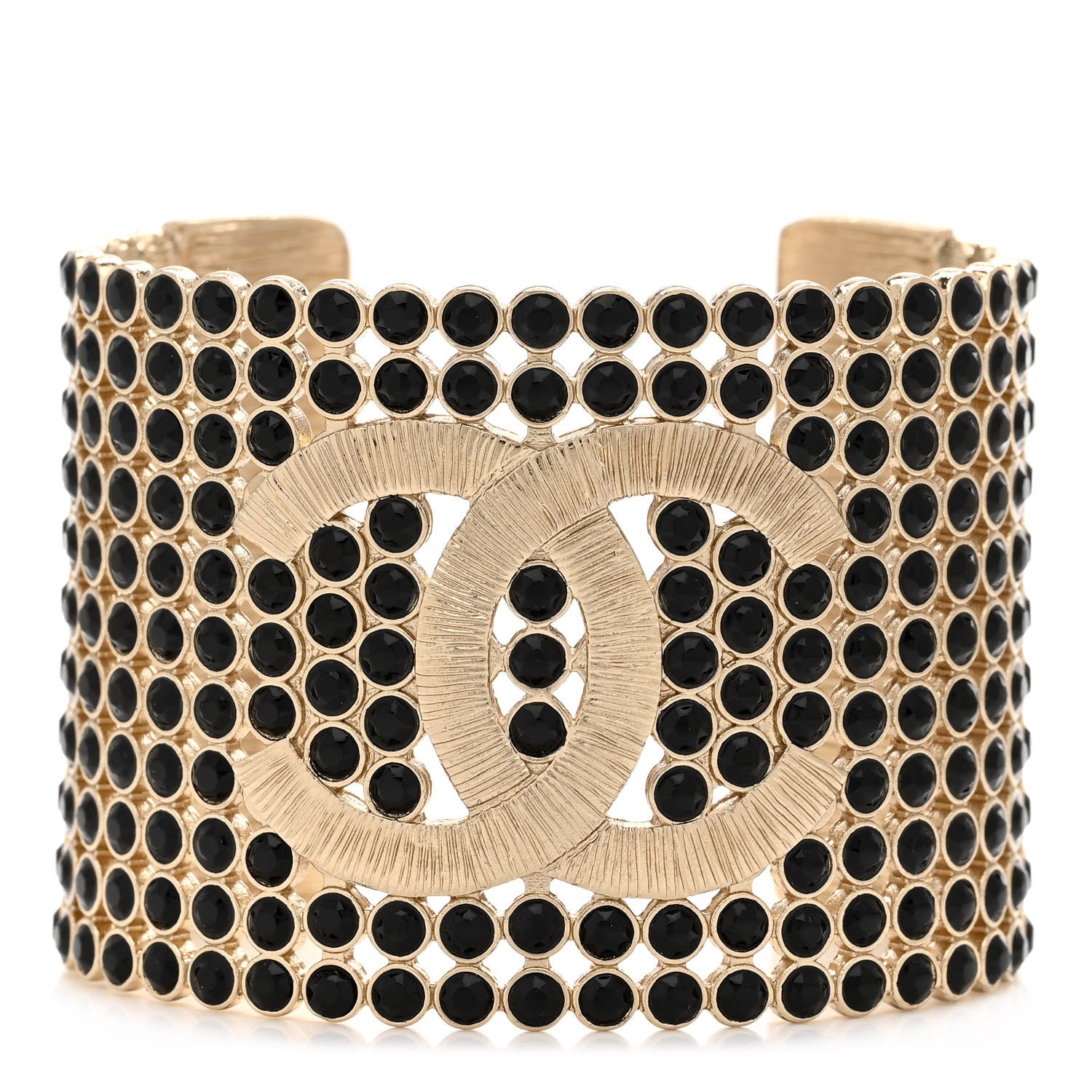 Chanel Large Strass Crystal CC Cuff Bracelet M Black Gold 1 of 5
