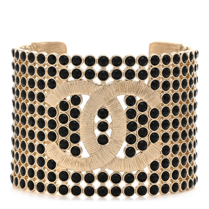 Chanel Large Strass Crystal CC Cuff Bracelet M Black Gold 1 of 5