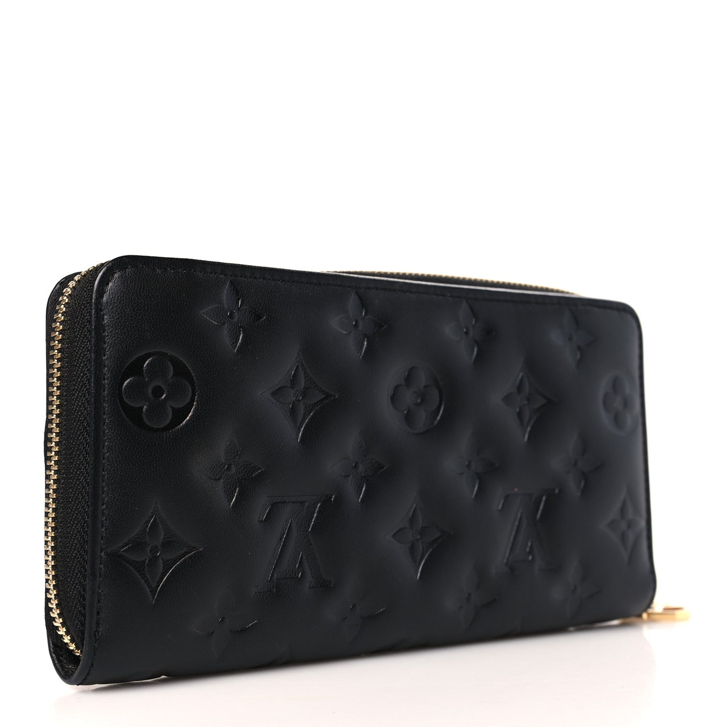 Lambskin Embossed Monogram Coussin Zippy Wallet Black
