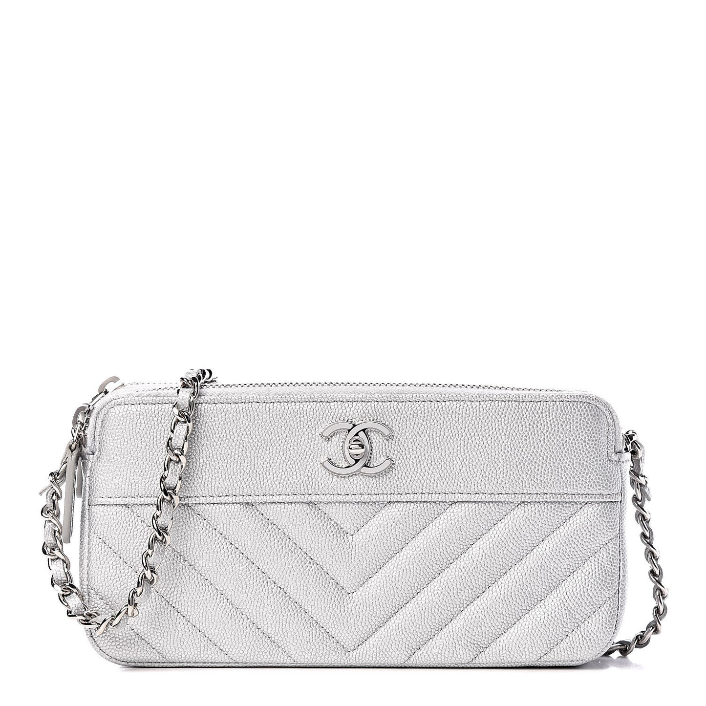 Metallic Caviar Chevron Quilted Small Vintage Mademoiselle Clutch With Chain Silver