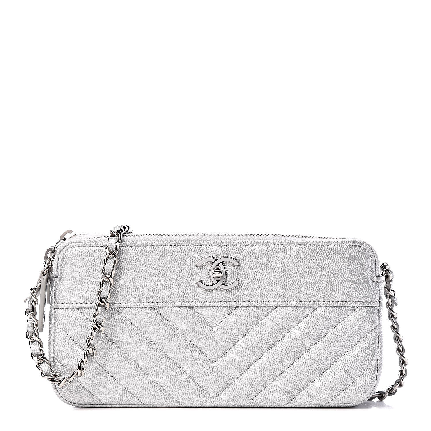 Chanel Metallic Caviar Chevron Quilted Small Vintage Mademoiselle Clutch With Chain Silver 1 of 13