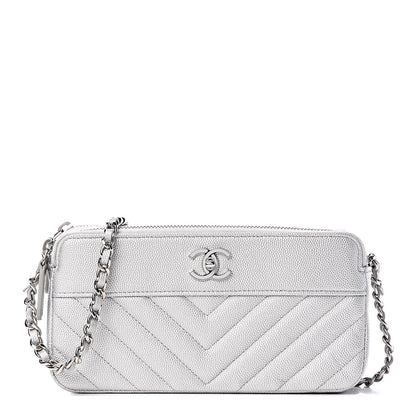 Chanel Metallic Caviar Chevron Quilted Small Vintage Mademoiselle Clutch With Chain Silver 1 of 13