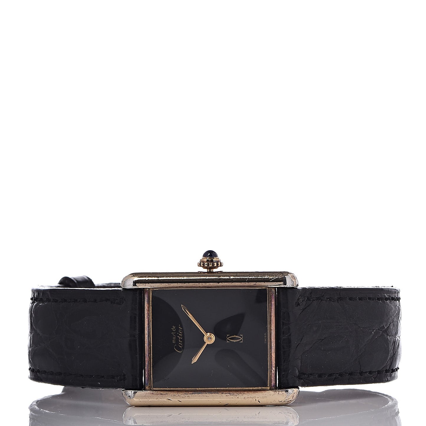 Sterling Silver Vermeil Alligator 23mm Must de Cartier Tank Quartz Watch Black