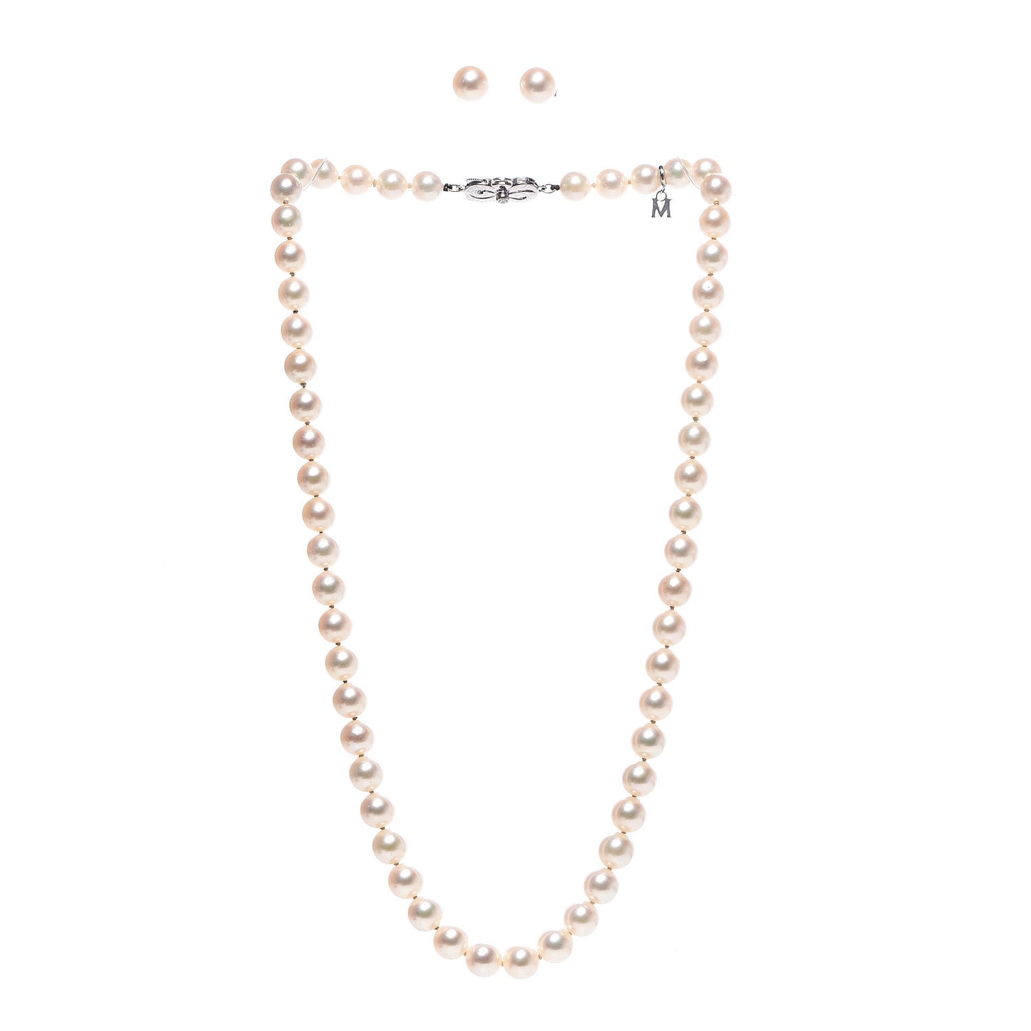 Sterling Silver 18K White Gold Diamond Akoya Pearl 7-8mm Strand Necklace Earring Set