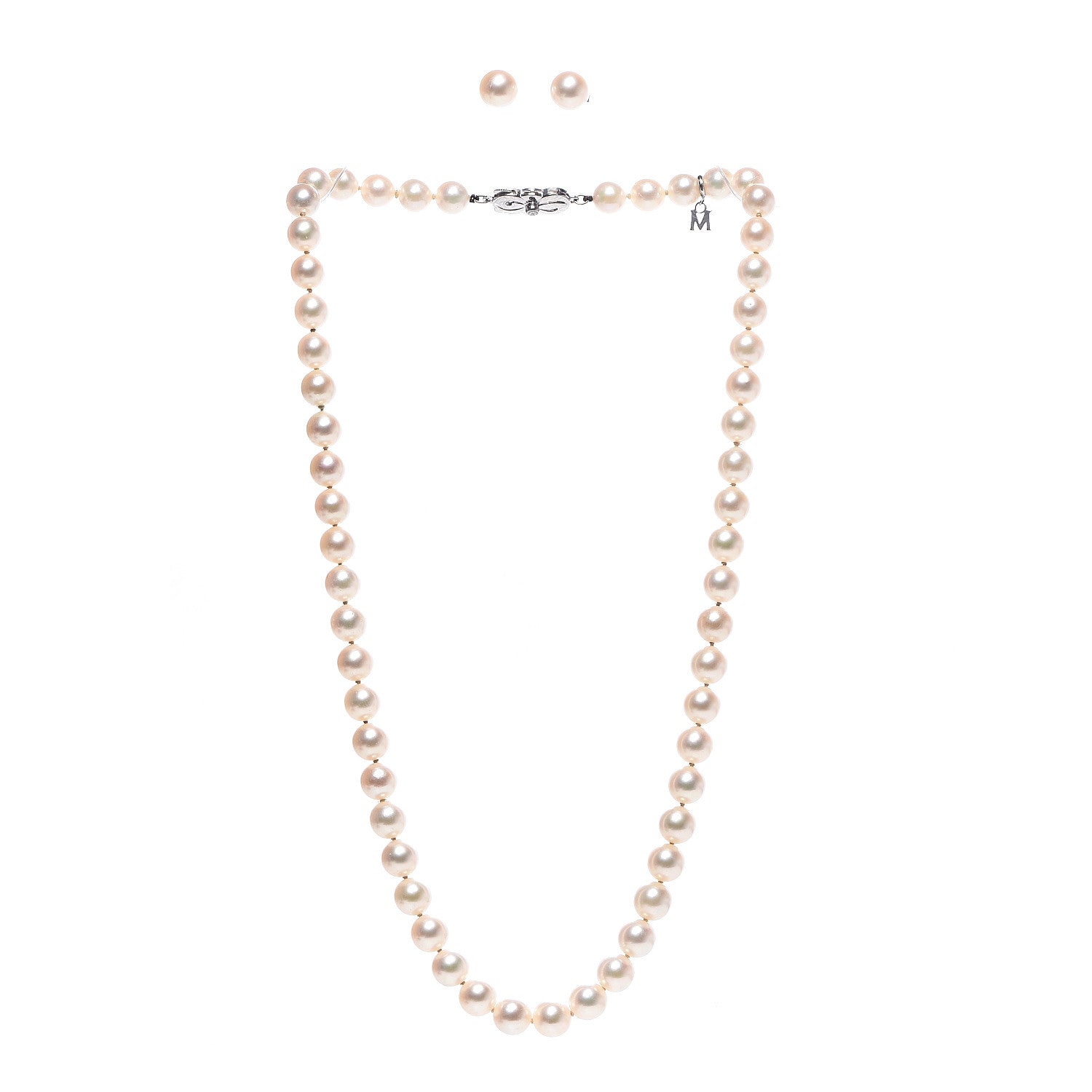 Mikimoto Sterling Silver 18K White Gold Diamond Akoya Pearl 7-8mm Strand Necklace Earring Set 1 of 7
