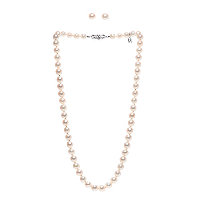Mikimoto Sterling Silver 18K White Gold Diamond Akoya Pearl 7-8mm Strand Necklace Earring Set 1 of 7