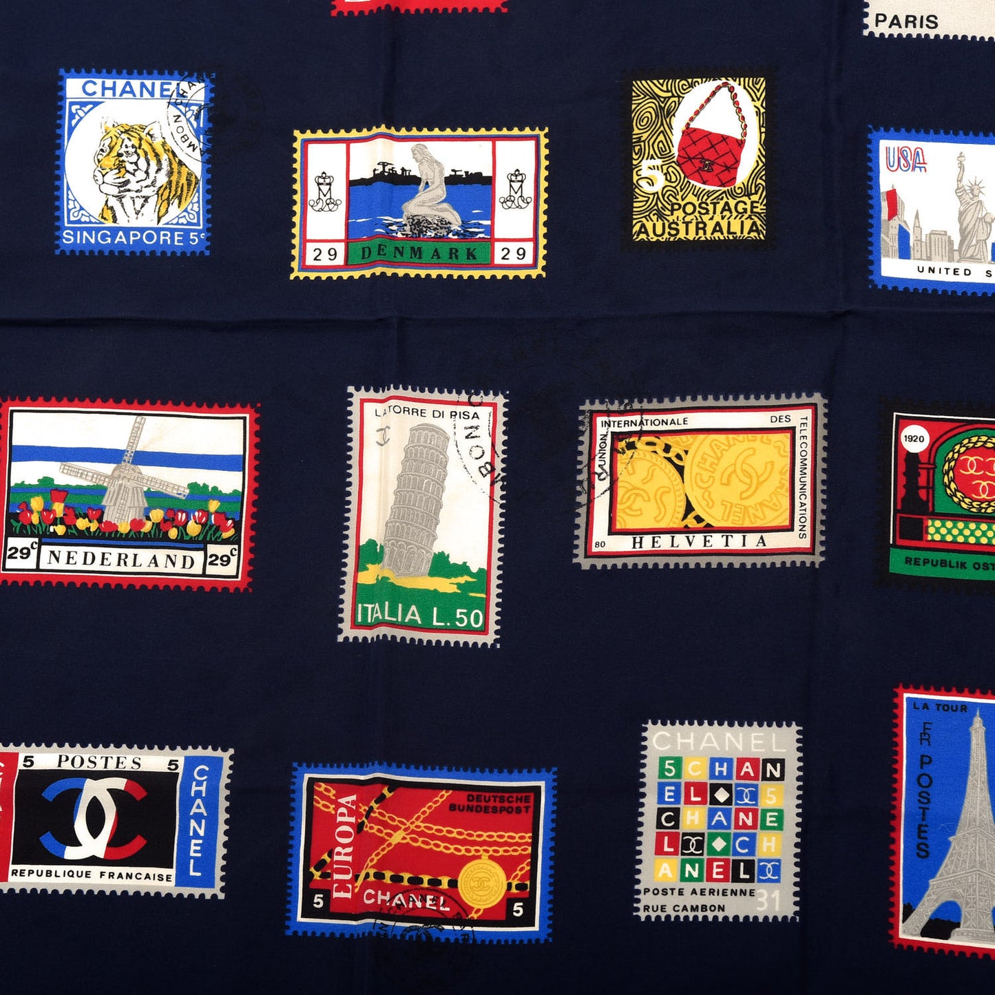 Silk Stamps Square Scarf Navy Red