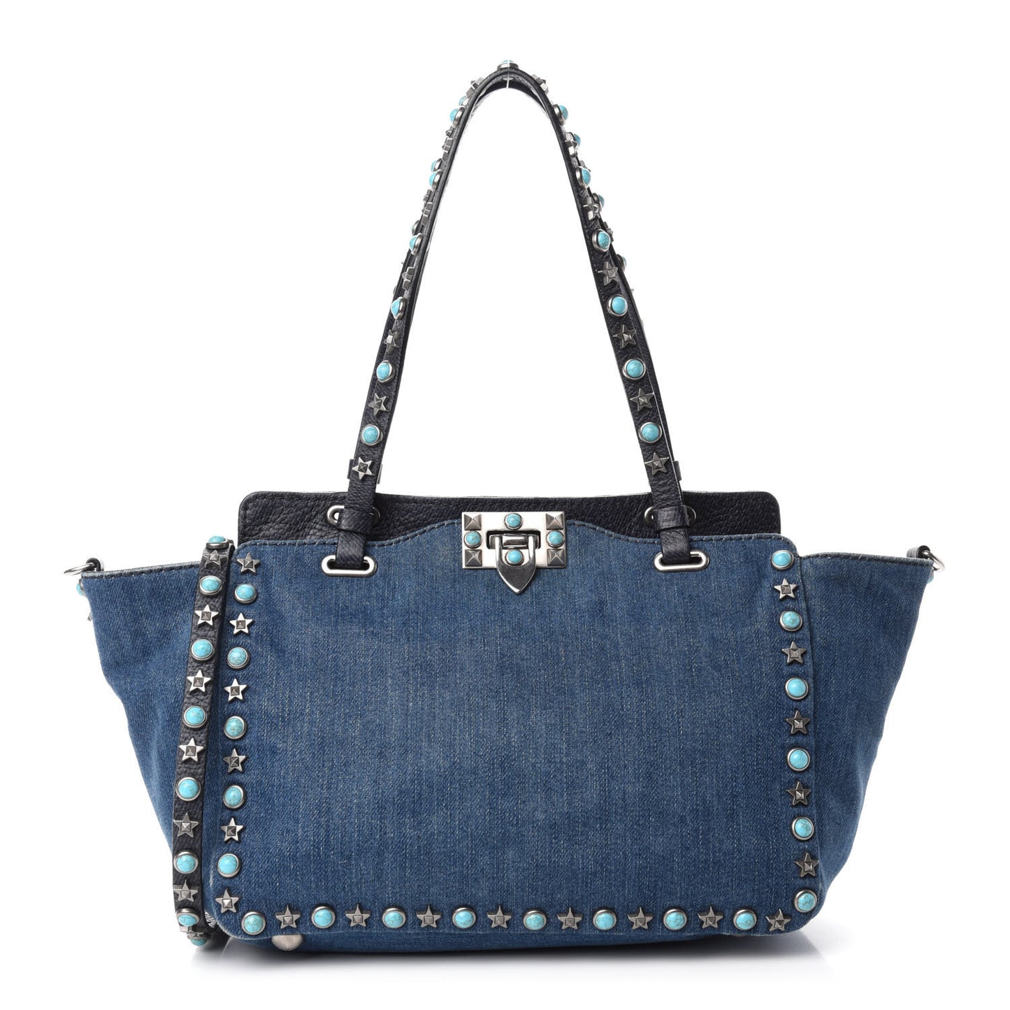 Denim Small Rockstud Rolling Tote Blue