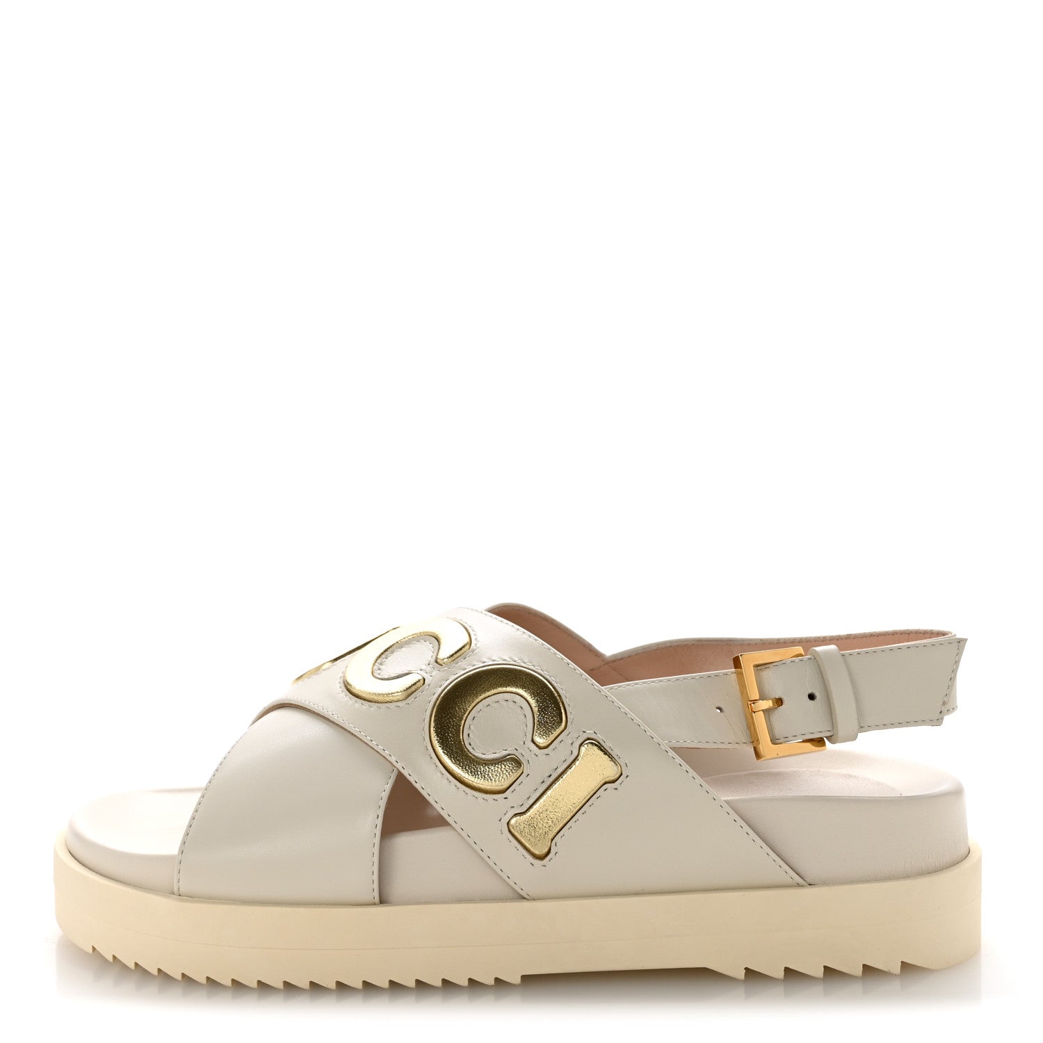Gucci Calfskin Elizabeth Nappa Charlotte Logo Slingback Sandals 35 Mystic White Platino 1 of 11