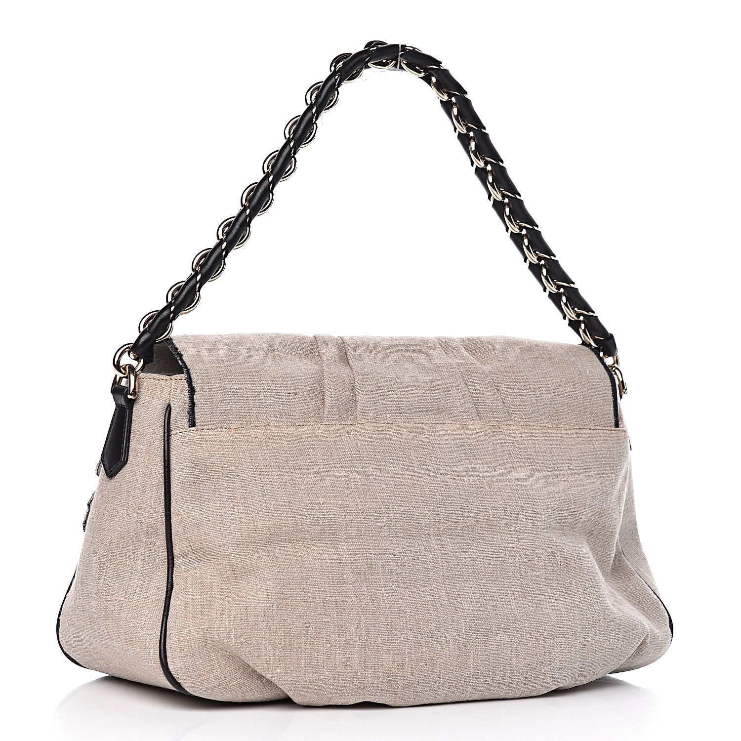 Fendi Linen Embroidered Mia Shoulder Flap Beige Black 3 of 15