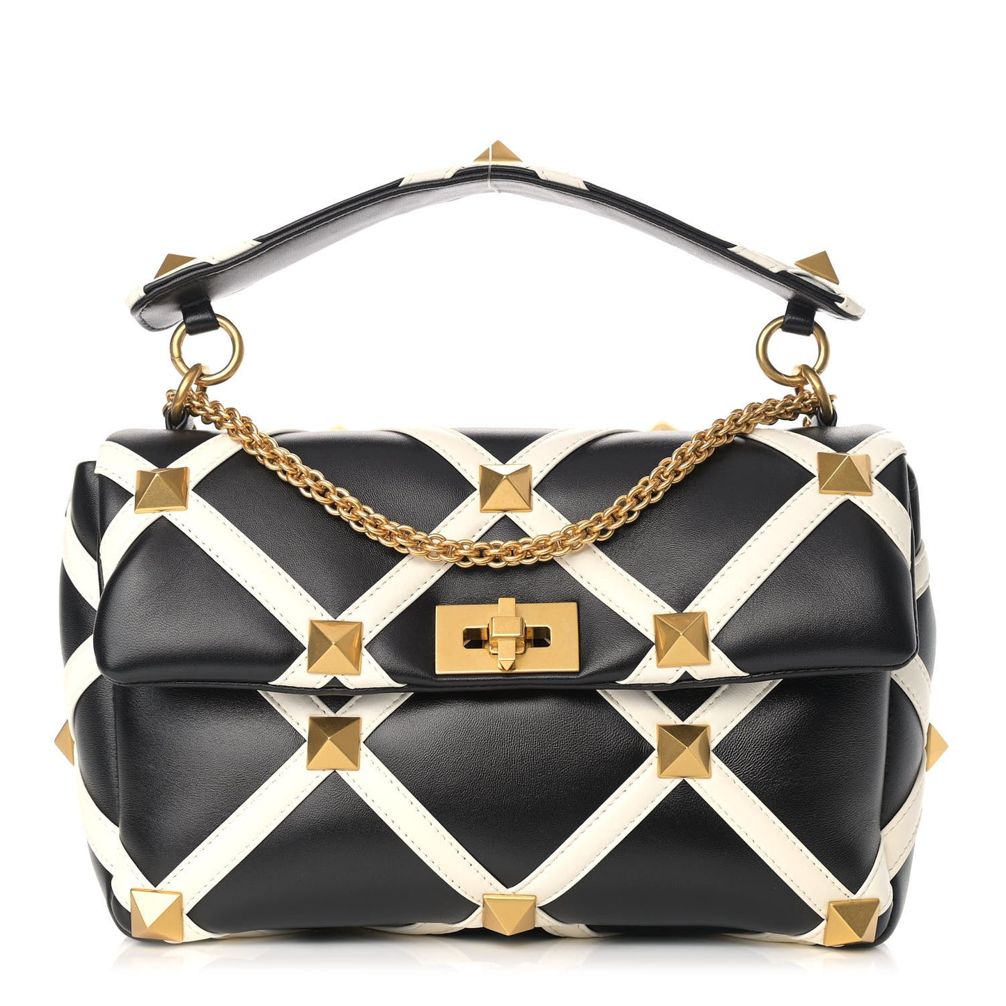 Nappa Large Roman Stud Shoulder Bag Black White