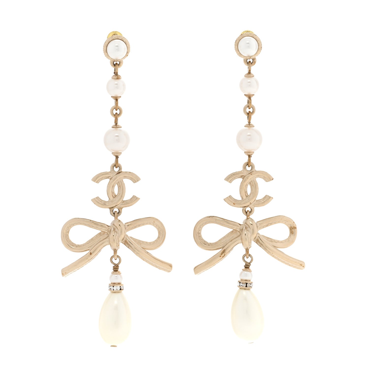 Chanel Pearl Crystal CC Bow Long Drop Earrings Gold Pearly White 1 of 6