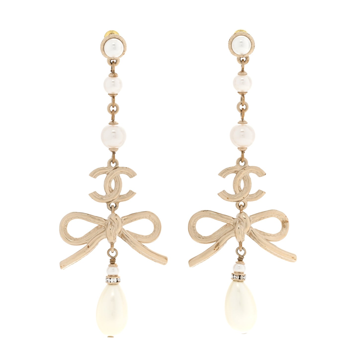Pearl Crystal CC Bow Long Drop Earrings Gold Pearly White