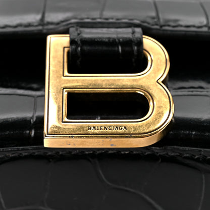 Balenciaga Shiny Calfskin Crocodile Embossed Hourglass Top Handle Bag XS Black 9 of 13