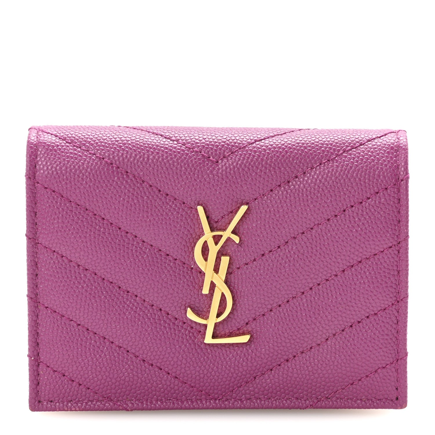 Saint Laurent Grain De Poudre Matelasse Chevron Monogram Flap Card Case Dark Grape 1 of 8