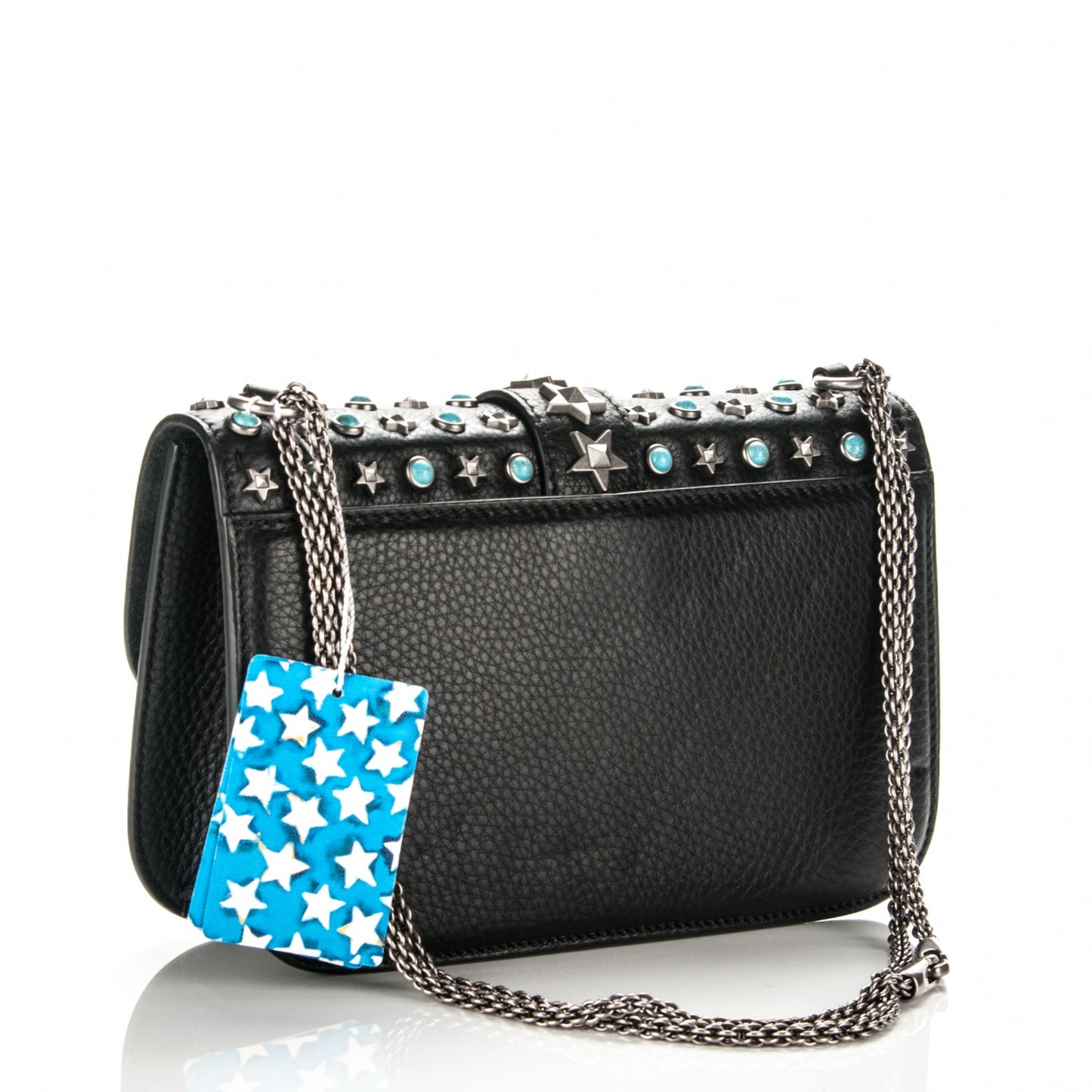 Pebbled Calfskin Star Studded Medium Lock Flap Black