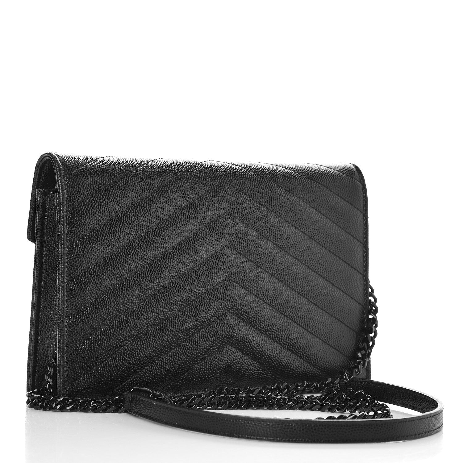 Saint Laurent Grain De Poudre Matelasse Chevron Monogram Envelope Chain Wallet Black 3 of 7