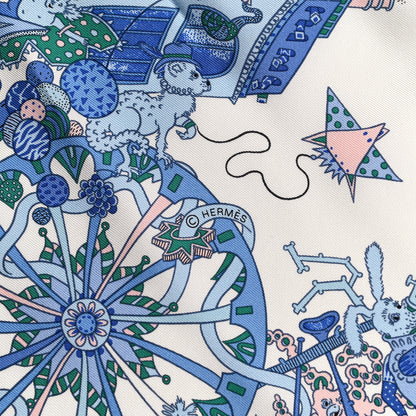 Hermes Silk La Folle Parade Scarf 90 Bleu Jean White Rose 4 of 6