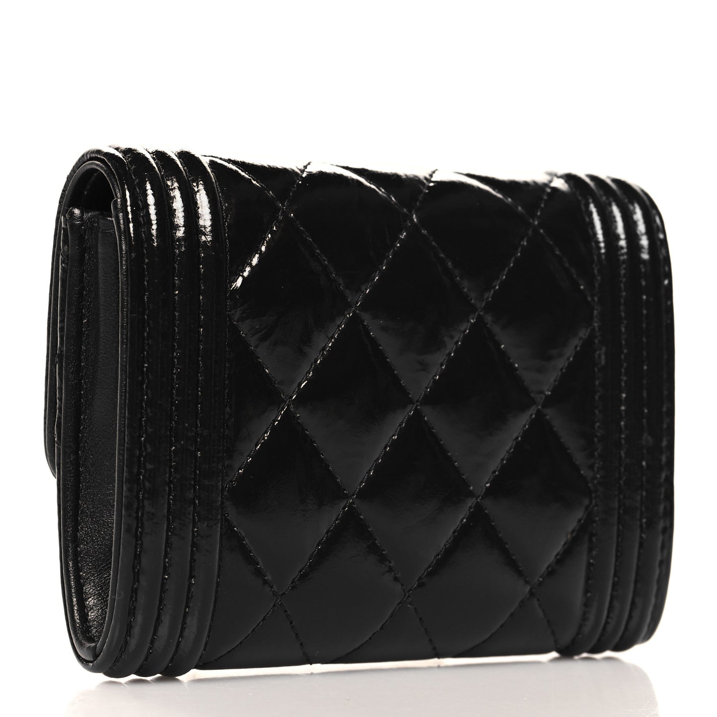 Distressed Patent Quilted Boy Flap Card Holder Wallet Black