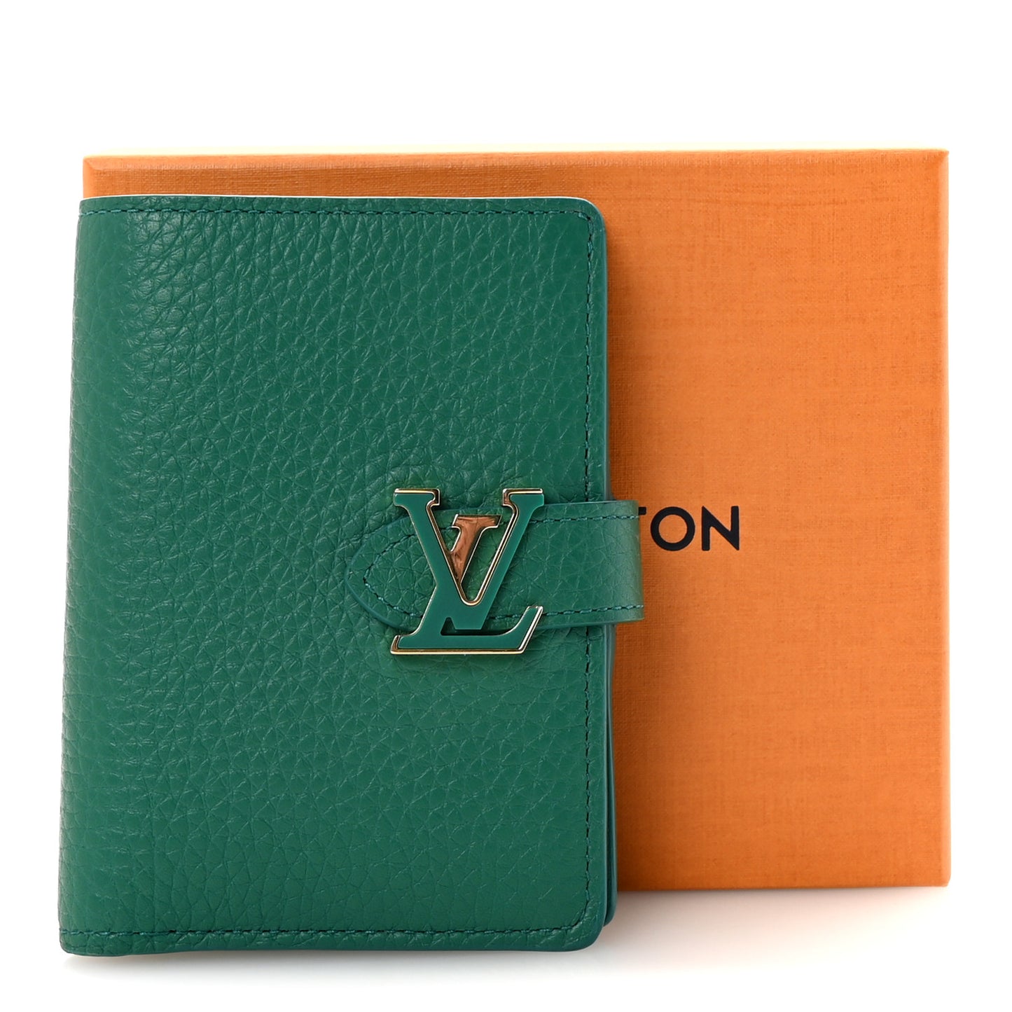 Taurillon Capucines Vertical Compact Wallet Green