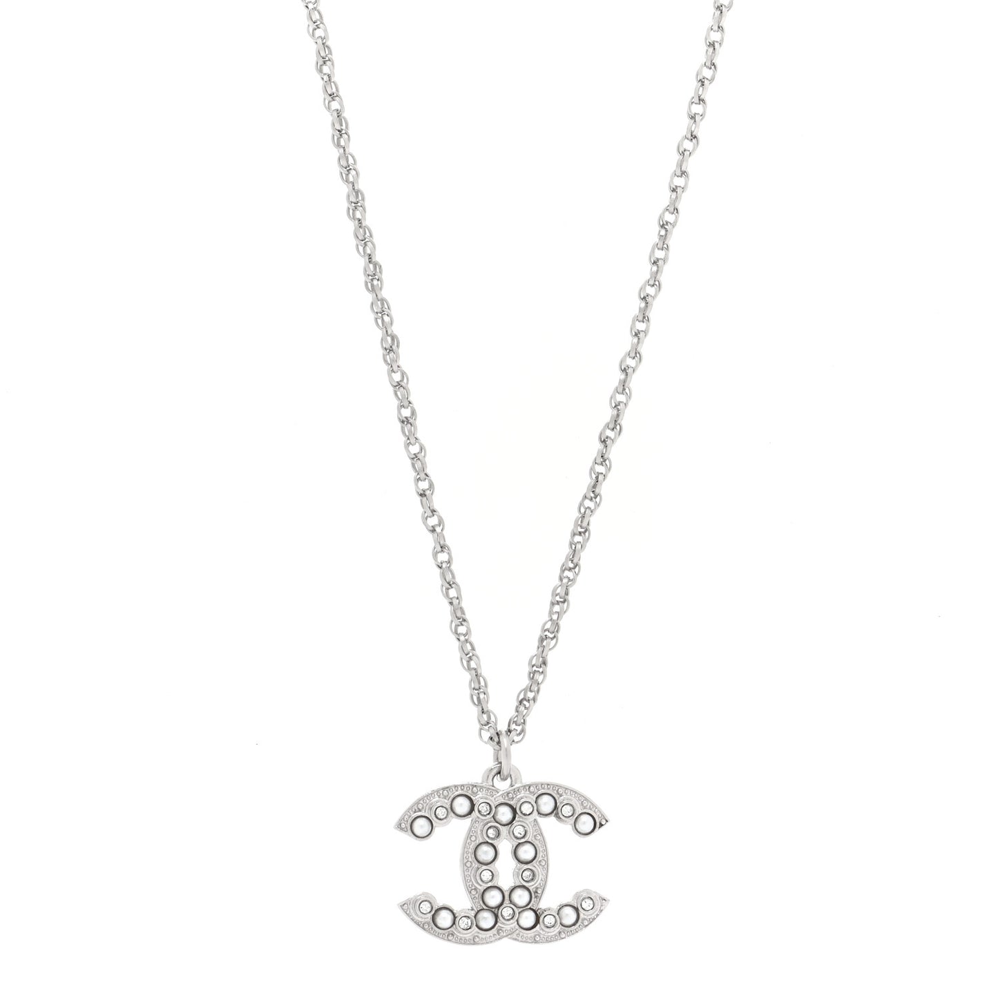 Pearl Crystal CC Pendant Necklace Silver