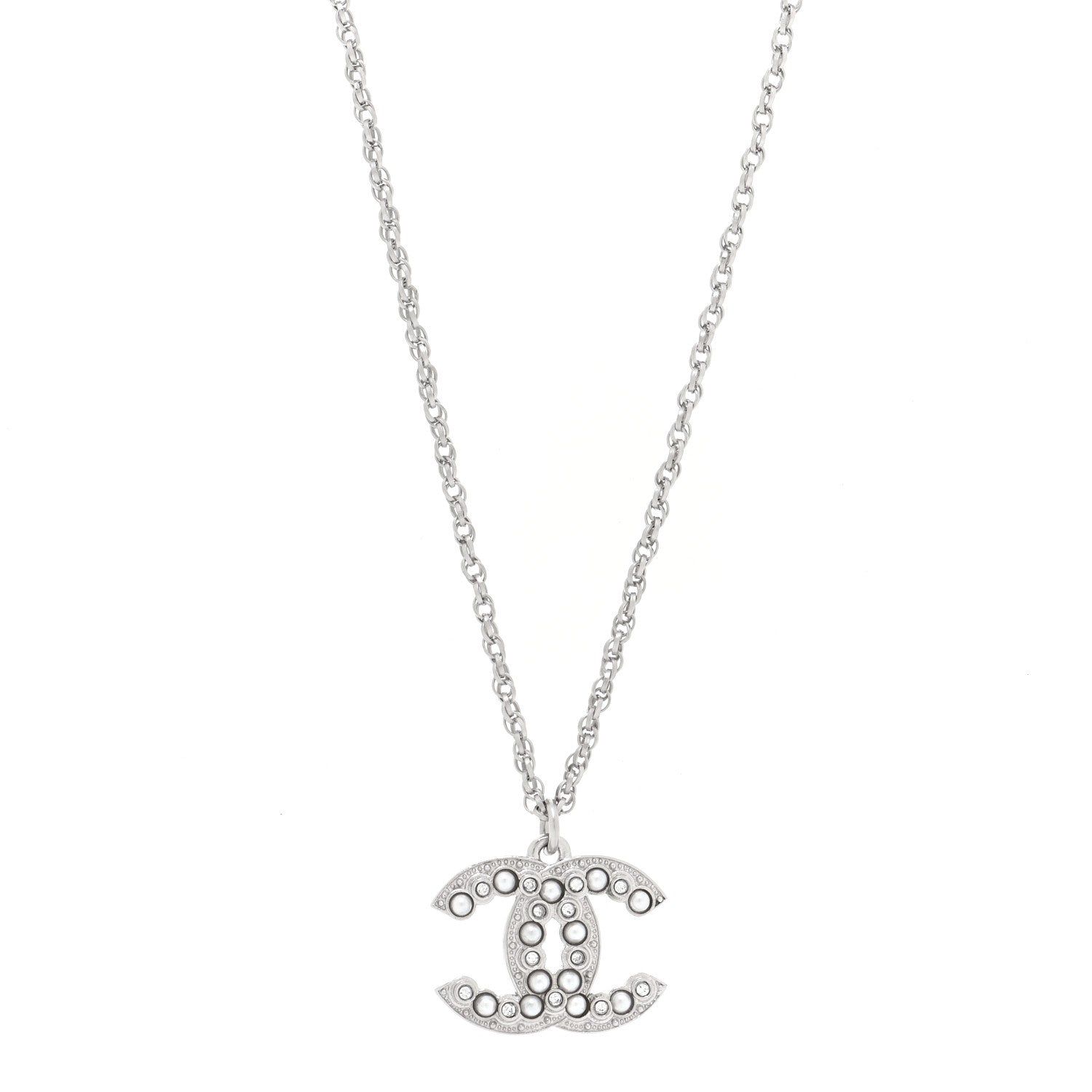Chanel Pearl Crystal CC Pendant Necklace Silver 1 of 5