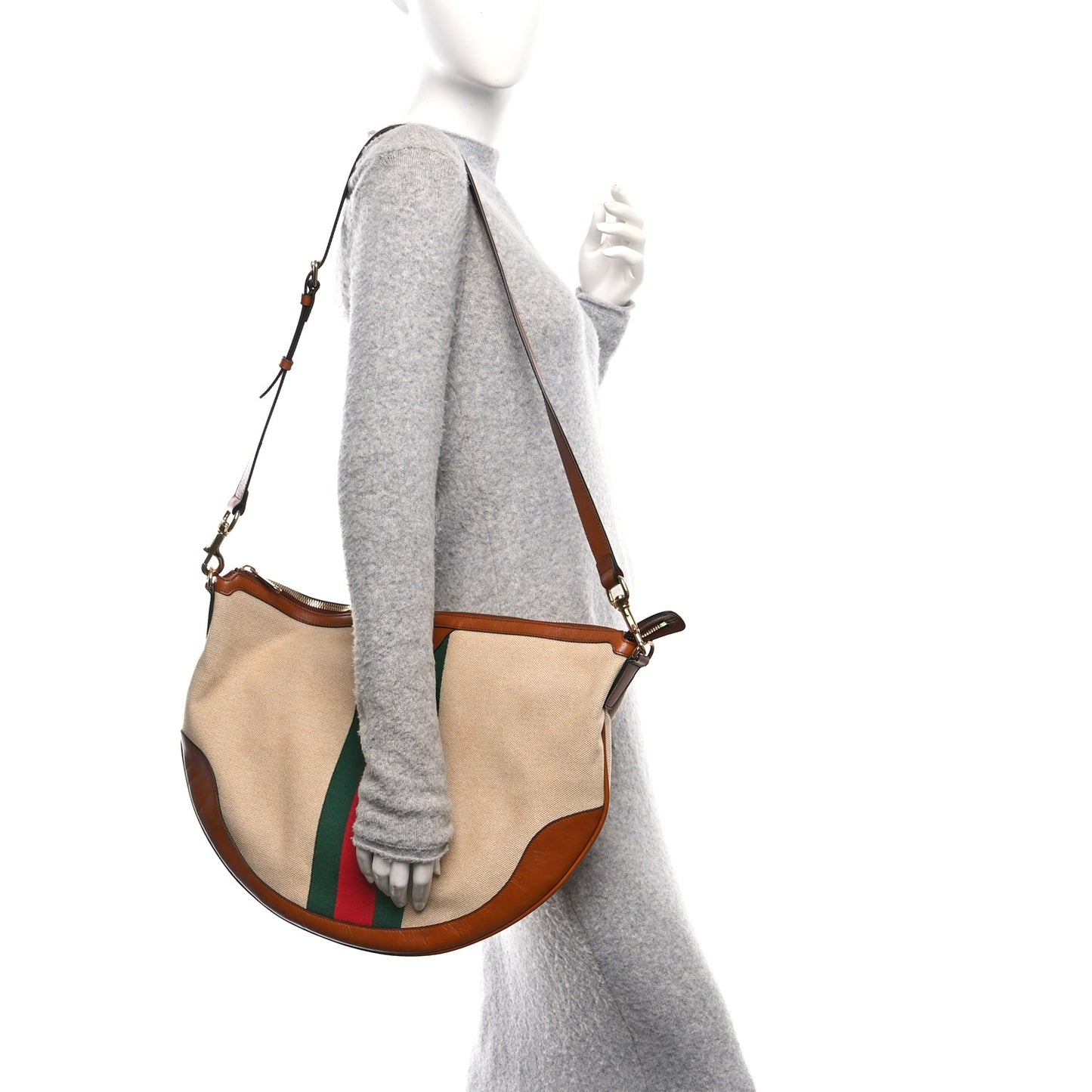 Vintage Canvas Calfskin Web Large Ophidia Half Moon Hobo Sand Light Cuir