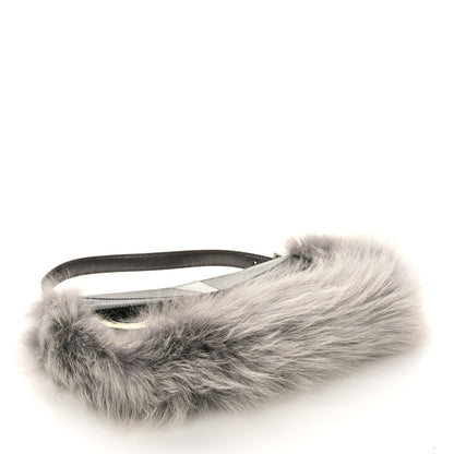 Fendi Metallic Saffiano Fox Fur Monster Baguette Gray 5 of 9