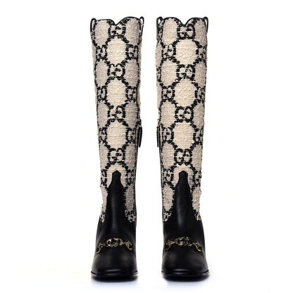 Gucci Tweed GG Monogram Wrinkled Kid Zumi Knee Boots 38.5 Natural Black 4 of 6