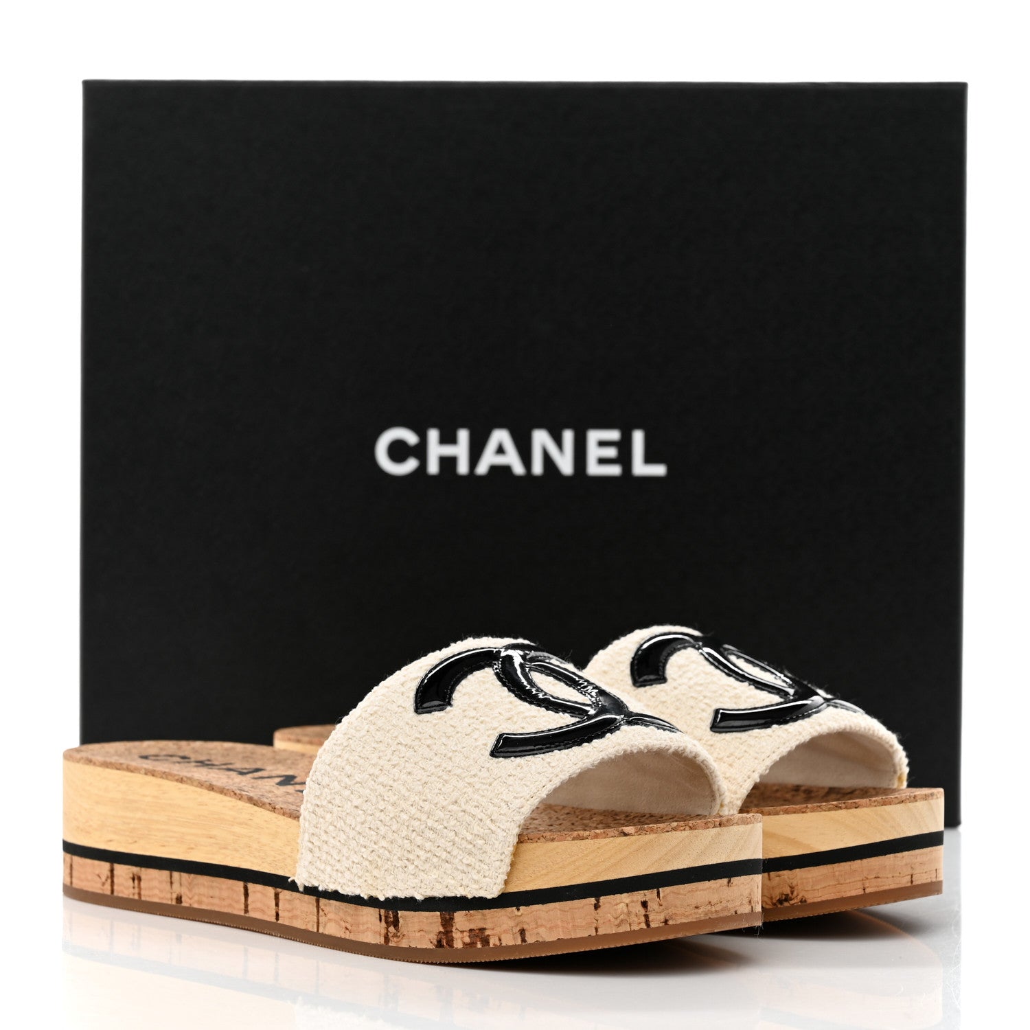 Chanel Tweed Patent Calfskin Logo Mules 36 White 9 of 9