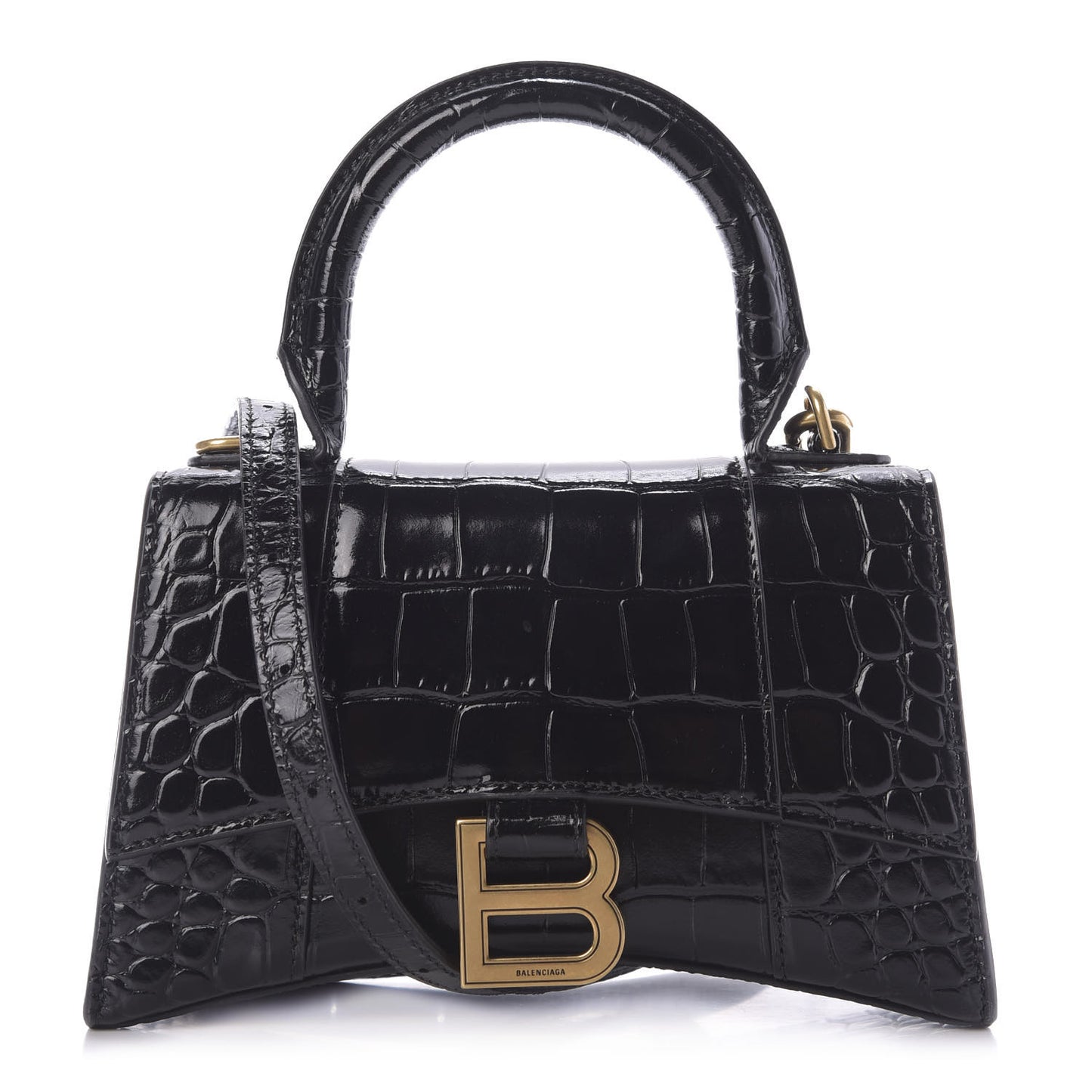 Shiny Calfskin Crocodile Embossed Hourglass Top Handle Bag XS Black