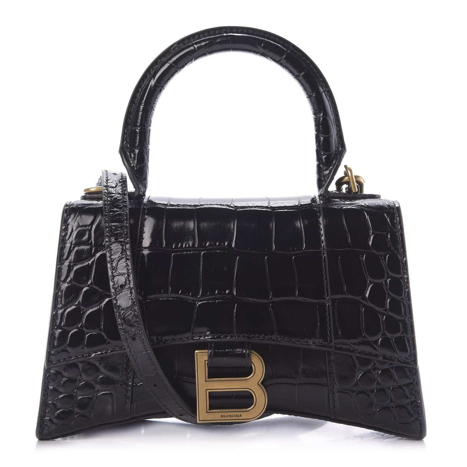 Balenciaga Shiny Calfskin Crocodile Embossed Hourglass Top Handle Bag XS Black 1 of 8