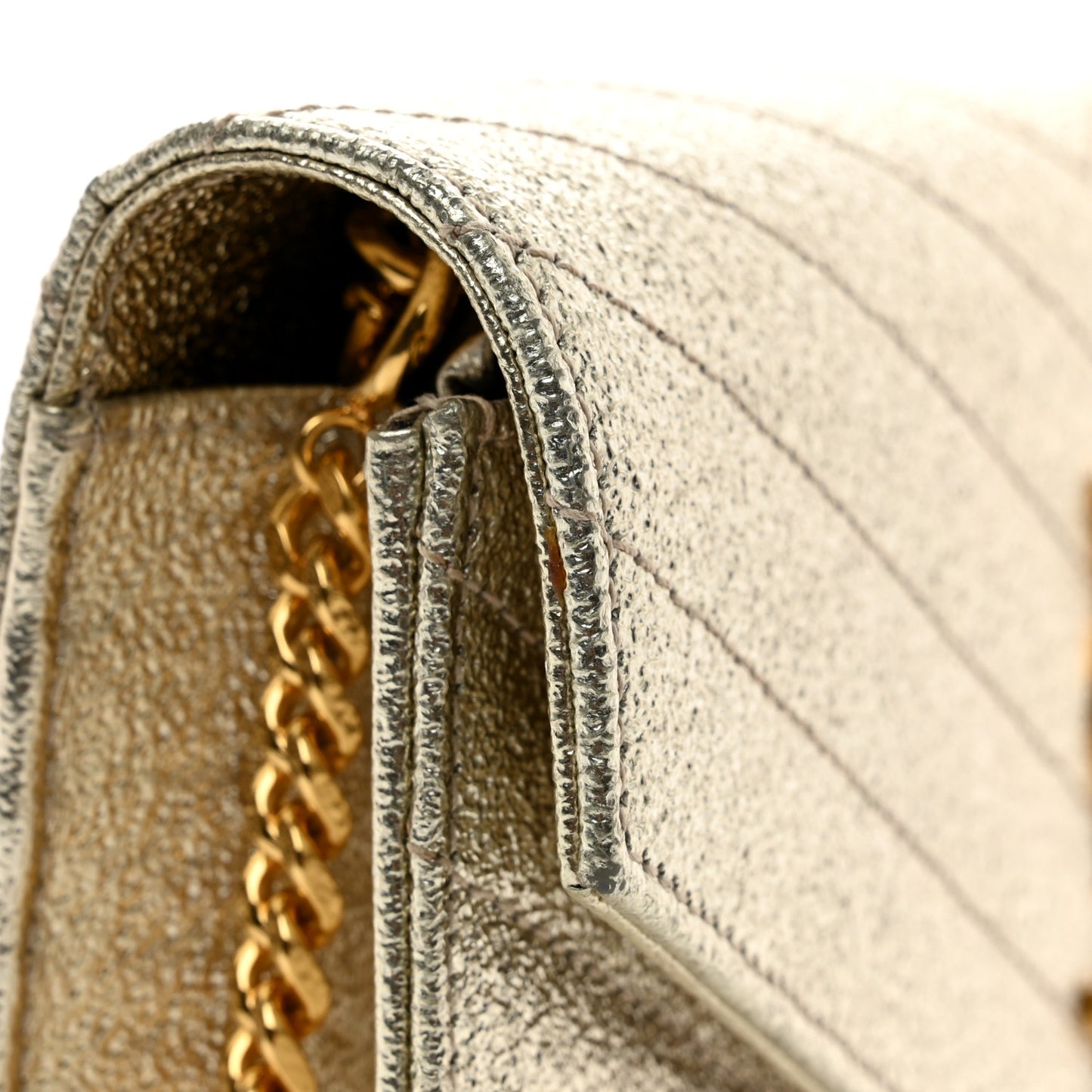 Metallic Crackled Calfskin Matelasse Chevron Monogram Envelope Chain Wallet Gold