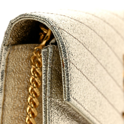 Saint Laurent Metallic Crackled Calfskin Matelasse Chevron Monogram Envelope Chain Wallet Gold 10 of 11