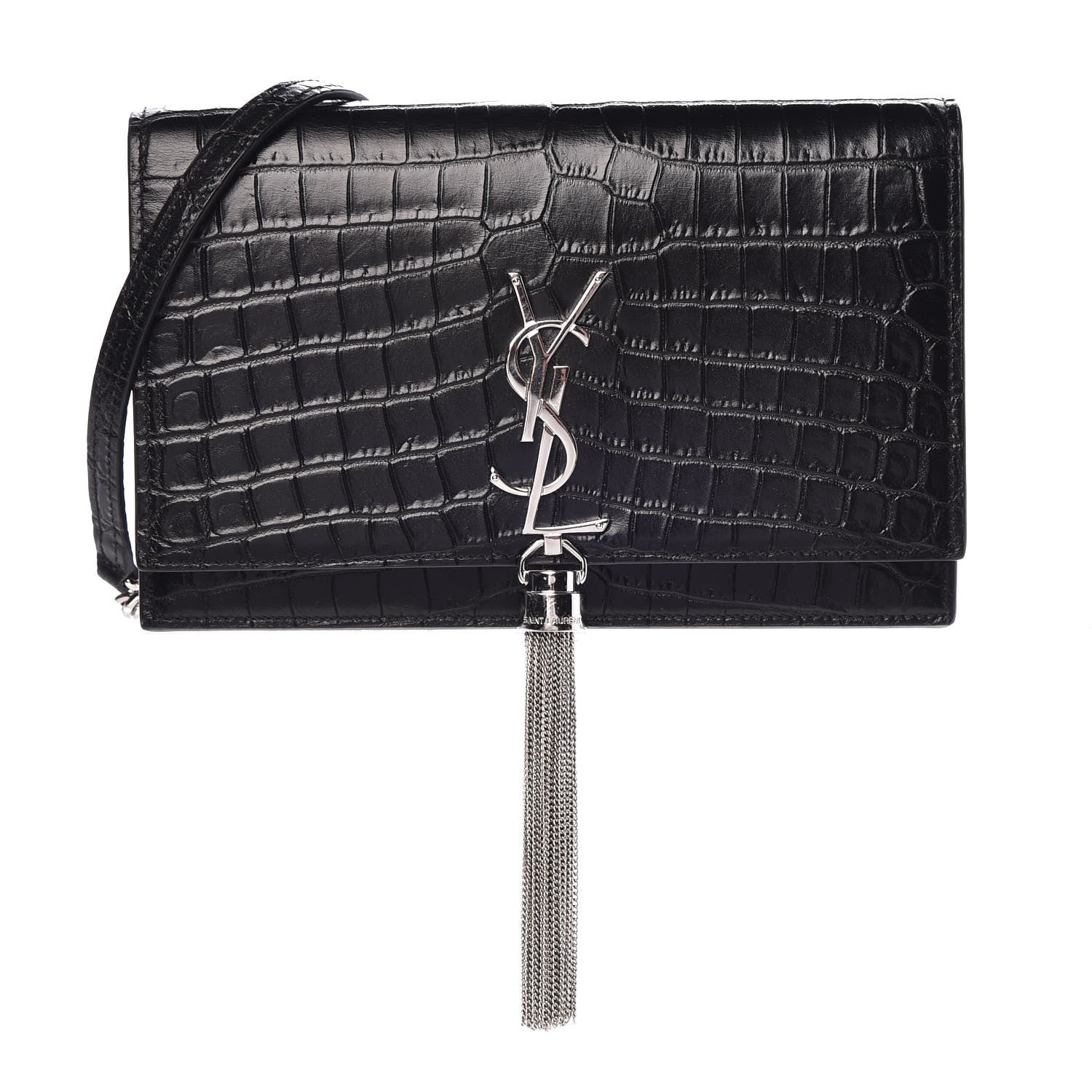 Saint Laurent Calfskin Crocodile Embossed Kate Monogram Tassel Chain Wallet Black 1 of 8