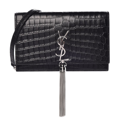 Saint Laurent Calfskin Crocodile Embossed Kate Monogram Tassel Chain Wallet Black 1 of 8