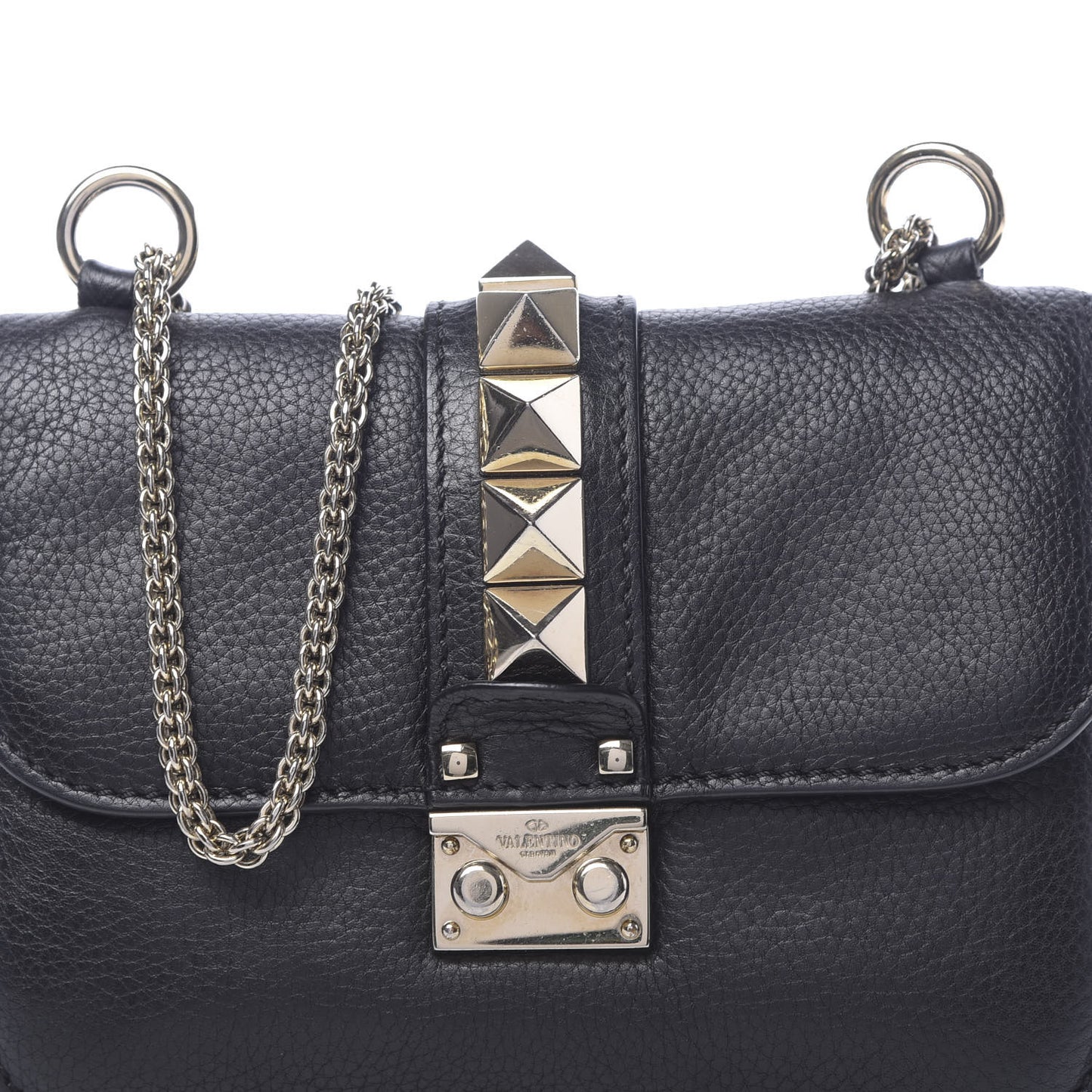 Grained Calfskin Small Glam Lock Rockstud Flap Black