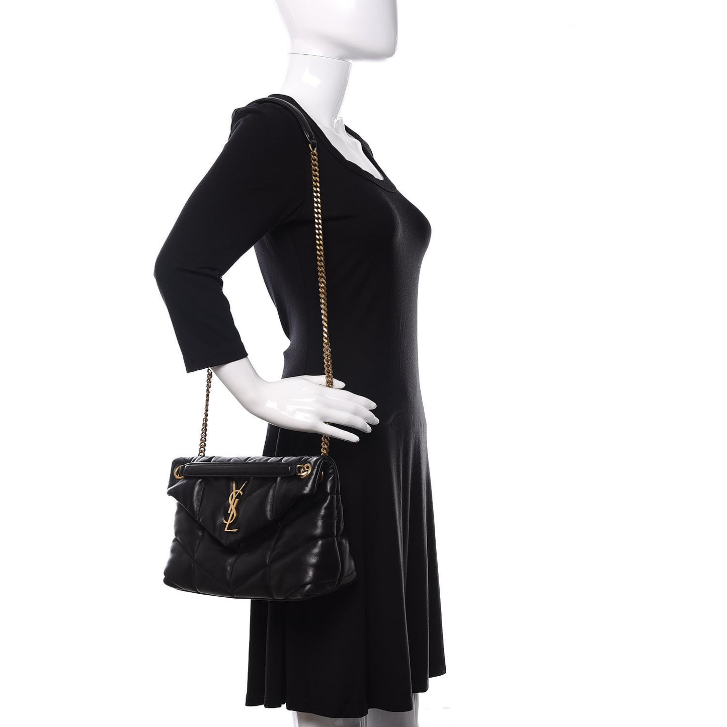Lambskin Quilted Small Loulou Puffer Monogram Chain Satchel Black