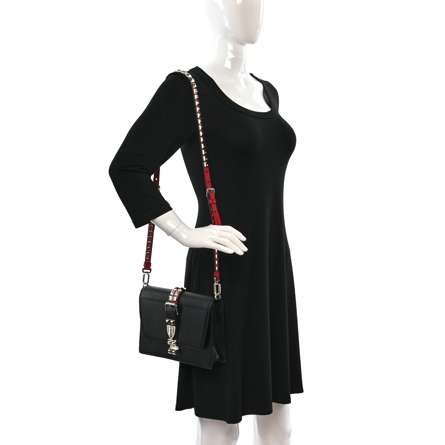 Saffiano City Calfskin Studded Large Elektra Shoulder Bag Black Fuoco