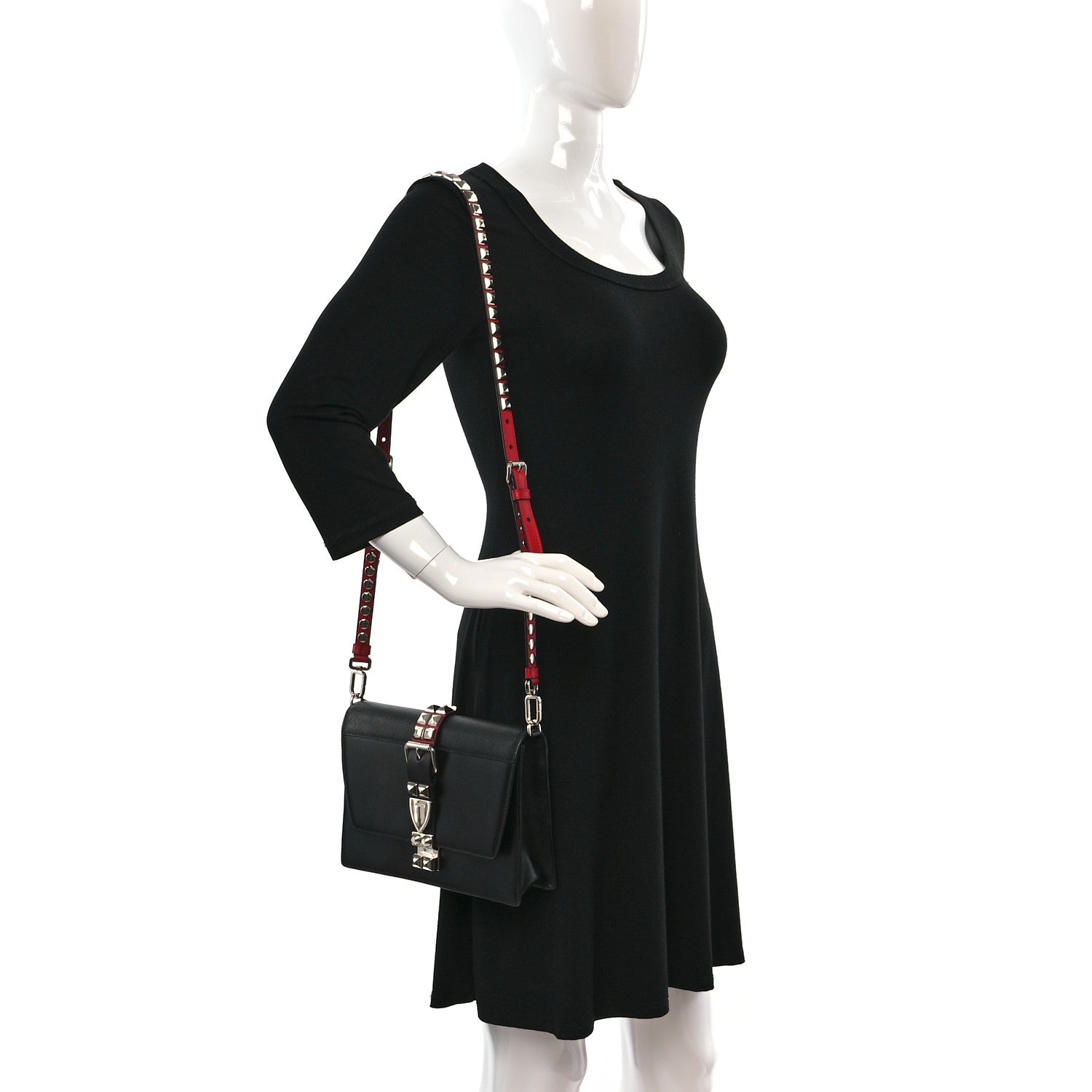 Prada Saffiano City Calfskin Studded Large Elektra Shoulder Bag Black Fuoco 2 of 8