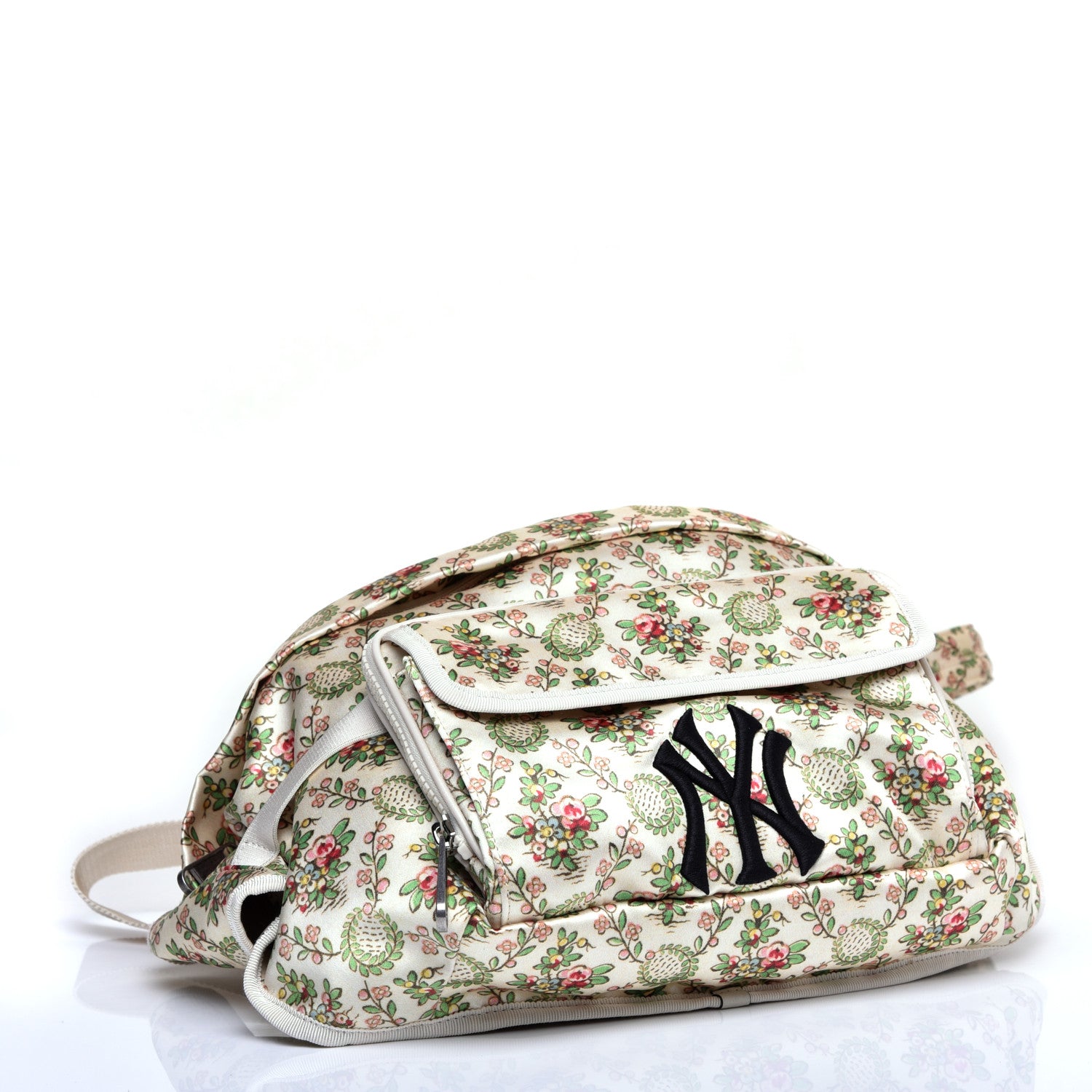 Gucci X MLB Satin Floral Print NY Yankees Patch Convertible Belt Bag Ivory Green 4 of 11