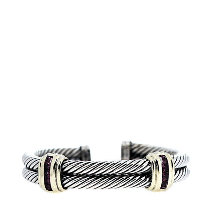 David Yurman Sterling Silver 14K Yellow Gold Rhodolite Garnet Double Station Cable Bracelet 1 of 4