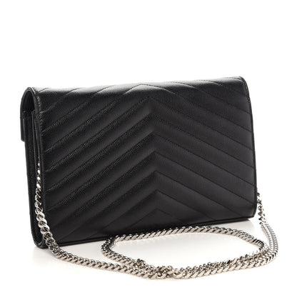 Saint Laurent Grain De Poudre Matelasse Chevron Monogram Chain Wallet Black 3 of 10