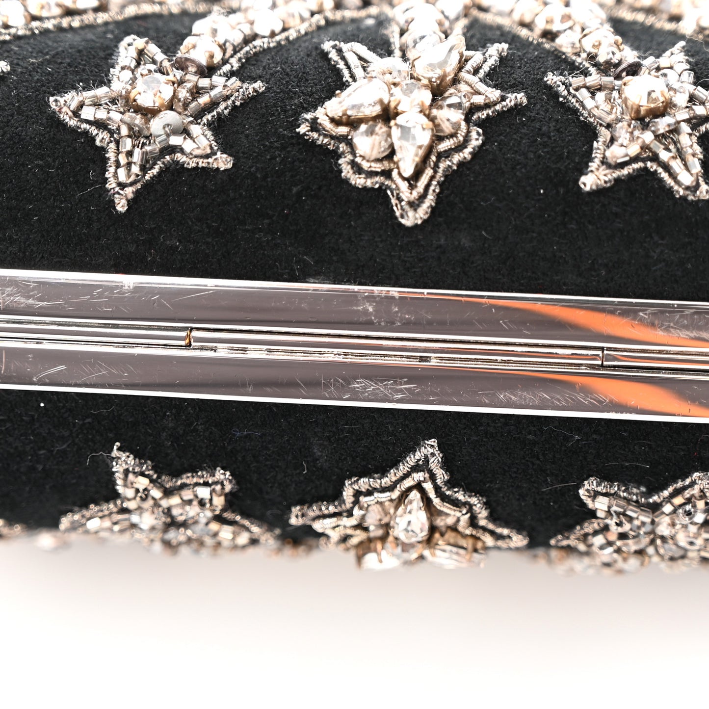 Suede Crystal Heart Chain Box Clutch Black