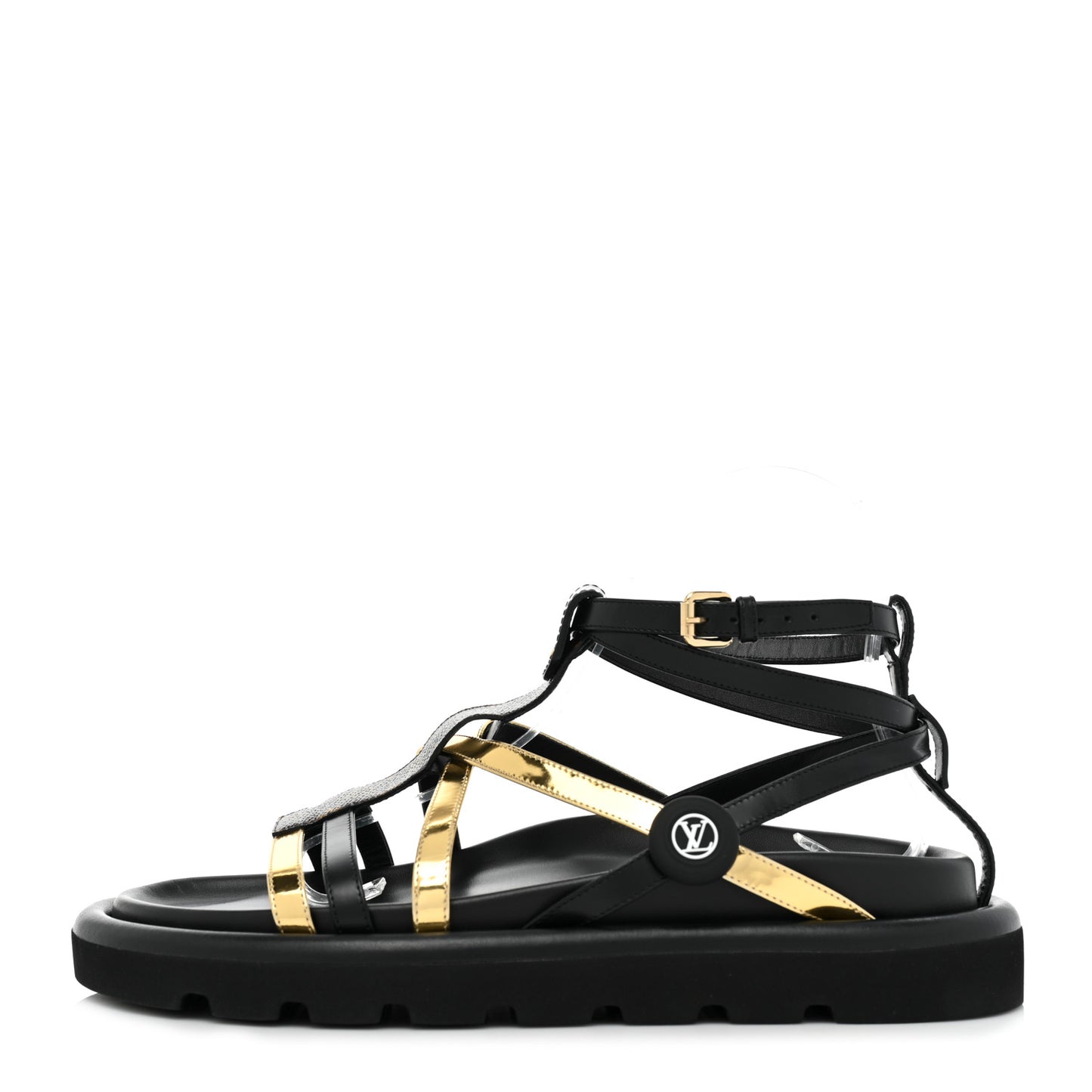 Patent Calfskin Monogram Pool Pillow Comfort Sandals 39 Gold Black Brown