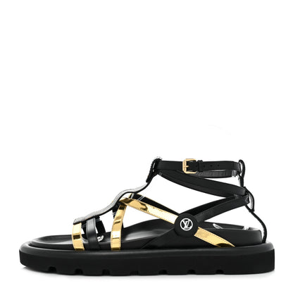 Louis Vuitton Patent Calfskin Monogram Pool Pillow Comfort Sandals 39 Gold Black Brown 1 of 9